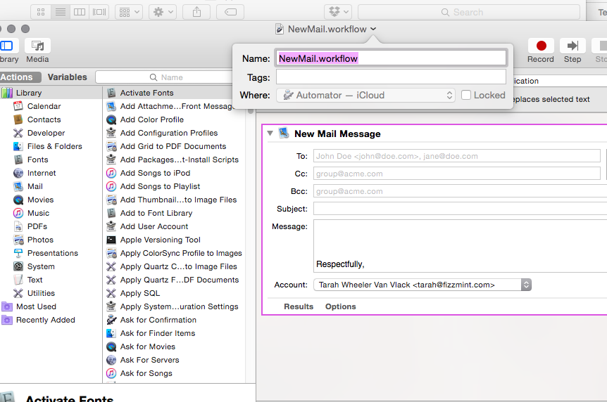 Automator will not save service in General in Yosemite OSX for keyboard shortcuts